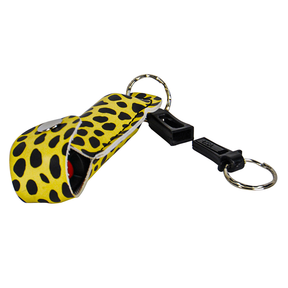 Pepper Shot 1.2% MC 1/2 oz pepper spray fashion leatherette holster and quick release keychain cheetah black/yellow view 5